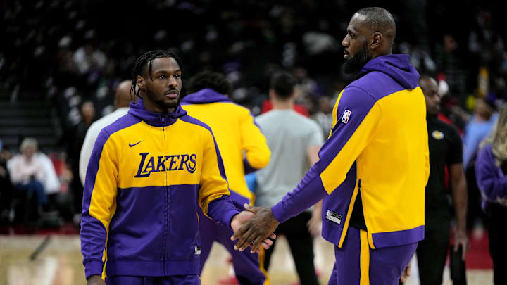 Los Angeles Lakers forward LeBron James and guard Bronny James. 