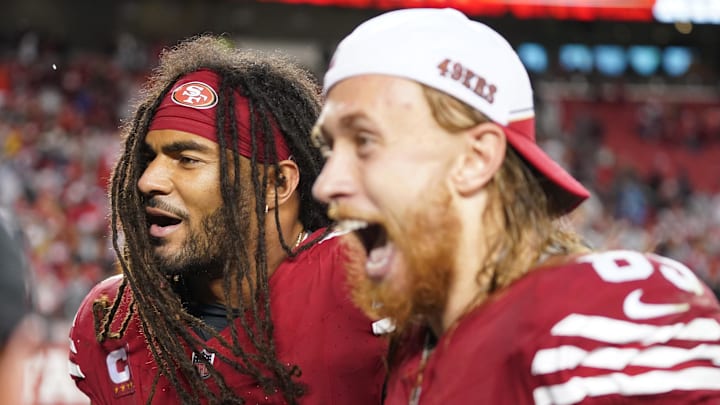 January 20, 2024; Santa Clara, CA, USA; San Francisco 49ers linebacker Fred Warner (54) and tight end George Kittle (85) celebrate after defeating the Green Bay Packers in a 2024 NFC divisional round game at Levi's Stadium. Mandatory Credit: Kyle Terada-Imagn Images January 20, 2024; Santa Clara, CA, USA; San Francisco 49ers linebacker Fred Warner (54) and tight end George Kittle (85) celebrate after defeating the Green Bay Packers in a 2024 NFC divisional round game at Levi's Stadium. Mandatory Credit: Kyle Terada-Imagn Images