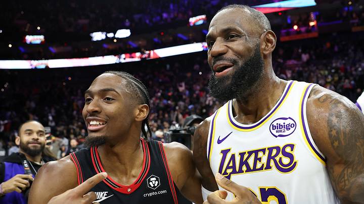 Philadelphia, Pennsylvania, USA; Los Angeles Lakers forward Lebron James (23) and Philadelphia 76ers guard Tyrese Maxey after the game at Xfinity Mobile Arena. Philadelphia, Pennsylvania, USA; Los Angeles Lakers forward Lebron James (23) and Philadelphia 76ers guard Tyrese Maxey after the game at Xfinity Mobile Arena.