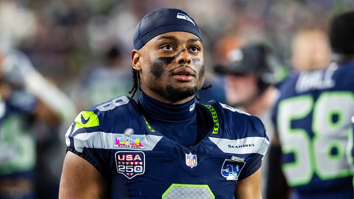 Feb 8, 2026; Santa Clara, CA, USA; Seattle Seahawks safety Coby Bryant (8) against the New England Patriots during Super Bowl LX at Levi's Stadium. Mandatory Credit: Mark J. Rebilas-Imagn Images