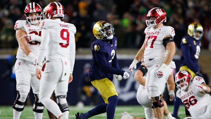Notre Dame linebacker Jaylen Sneed (3) celebrates a stop against Indiana in the College Football Playoff.