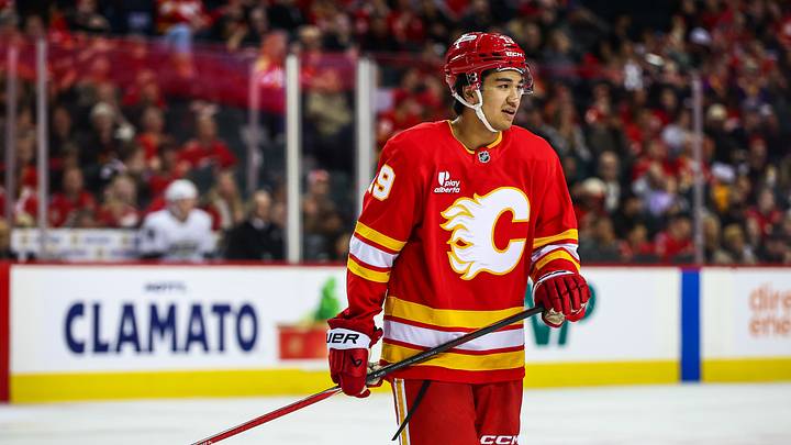 Apr 16, 2026; Calgary, Alberta, CAN; Calgary Flames defenseman Zayne Parekh (19) against the Los Angeles Kings during the second period at Scotiabank Saddledome. Mandatory Credit: Sergei Belski-Imagn Images