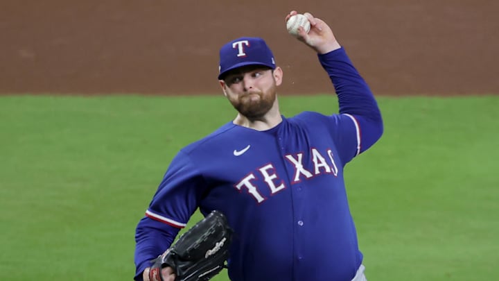 Oct 23, 2023; Houston, Texas, USA; Texas Rangers pitcher Jordan Montgomery (52) throws