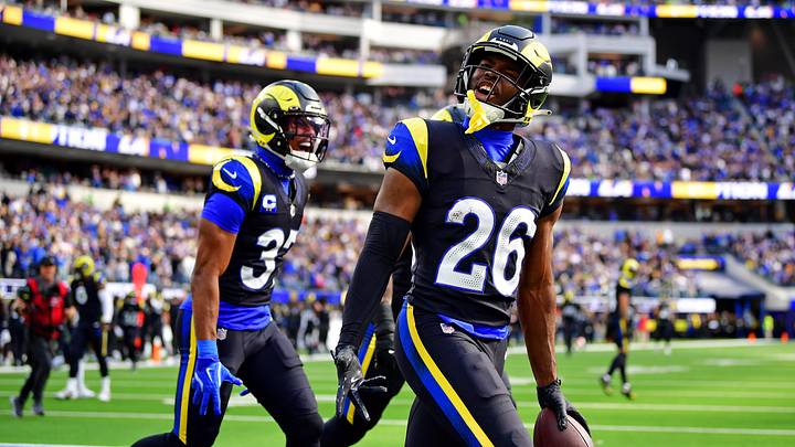 Nov 16, 2025; Inglewood, California, USA; Los Angeles Rams safety Kamren Kinchens (26) celebrates after making an interception during the first half against the Seattle Seahawks at SoFi Stadium. Mandatory Credit: Gary A. Vasquez-Imagn Images Nov 16, 2025; Inglewood, California, USA; Los Angeles Rams safety Kamren Kinchens (26) celebrates after making an interception during the first half against the Seattle Seahawks at SoFi Stadium. Mandatory Credit: Gary A. Vasquez-Imagn Images