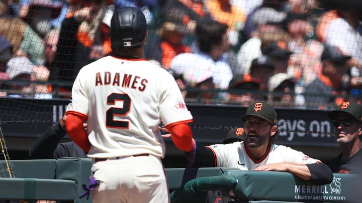 Aug 12, 2026; San Francisco, California, USA; San Francisco Giants shortstop Willy Adames (2) is greeted by manager Tony Vitello (23) after scoring during the first inning against the Houston Astros at Oracle Park. Mandatory Credit: Sergio Estrada-Imagn Images Aug 12, 2026; San Francisco, California, USA; San Francisco Giants shortstop Willy Adames (2) is greeted by manager Tony Vitello (23) after scoring during the first inning against the Houston Astros at Oracle Park. Mandatory Credit: Sergio Estrada-Imagn Images