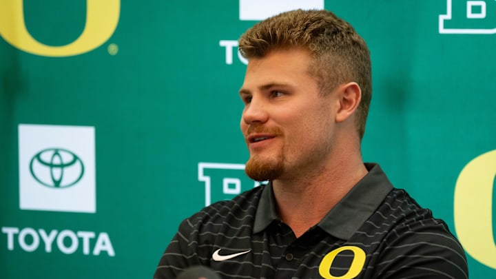 Oregon inside linebacker Bryce Boettcher speaks during Oregon football’s Media Day on July 28, 2025, at Autzen Stadium in Eugene.