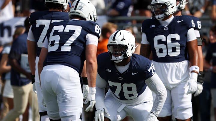 Penn State Nittany Lions offensive linesman Malachi Goodman (78) lines up during a warmup prior to the game against the Villanova Wildcats at Beaver Stadium. Penn State Nittany Lions offensive linesman Malachi Goodman (78) lines up during a warmup prior to the game against the Villanova Wildcats at Beaver Stadium.