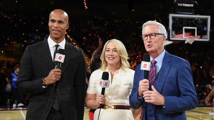Richard Jefferson, Doris Burke and Mike Breen during the Emirates NBA Cup Semifinal game on December 14, 2024 at T-Mobile Arena in Las Vegas, Nevada.