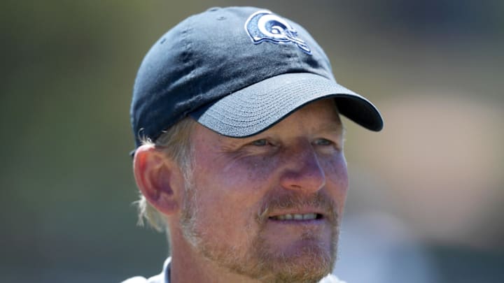 Aug 7, 2019; Napa, CA, USA; Los Angeles Rams general manager Les Snead during a training camp joint practice against the Oakland Raiders at Napa Valley Marriott. Mandatory Credit: Kirby Lee-Imagn Images