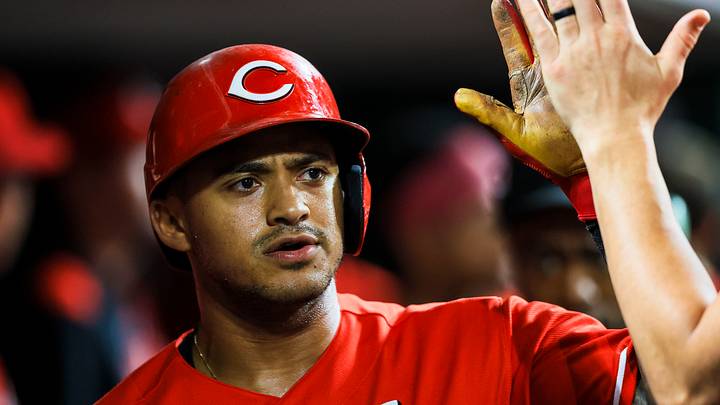 Aug 17, 2026; Cincinnati, Ohio, USA; Cincinnati Reds pinch-hitter Dane Myers (17) high fives teammates after hitting a solo home run in the ninth inning against the St. Louis Cardinals at Great American Ball Park. Mandatory Credit: Katie Stratman-Imagn Images