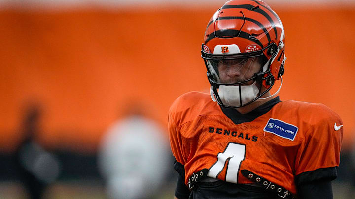 Cincinnati Bengals quarterback Desmond Ridder warms up before a preseason training camp practice in downtown Cincinnati on Thursday, July 31, 2025.