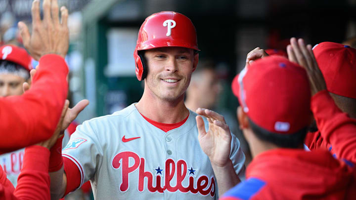 Mar 27, 2025; Washington, District of Columbia, USA; Philadelphia Phillies outfielder Max Kepler (17) reacts after scoring a run during the fourth inning against the Washington Nationals at Nationals Park Mar 27, 2025; Washington, District of Columbia, USA; Philadelphia Phillies outfielder Max Kepler (17) reacts after scoring a run during the fourth inning against the Washington Nationals at Nationals Park