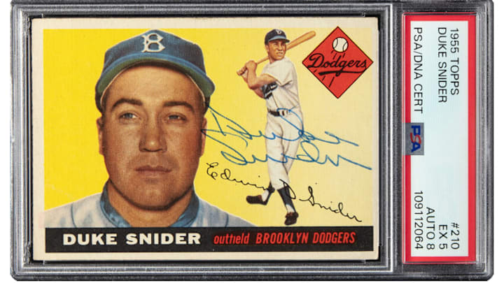 This signed Duke Snider 1955 Topps card was autographed during the time Snider was playing for the Brooklyn Dodgers in the mid-1950s. 