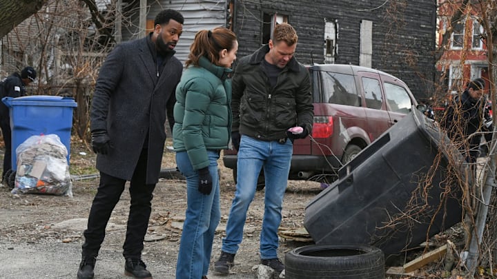 CHICAGO P.D. -- "Street Jesus" Episode 12013 -- Pictured: (l-r) LaRoyce Hawkins as Officer Kevin Atwater, Marina Squerciati as Officer Kim Burgess, Patrick John Flueger as Officer Adam Ruzek -- (Photo by: Lori Allen/NBC)