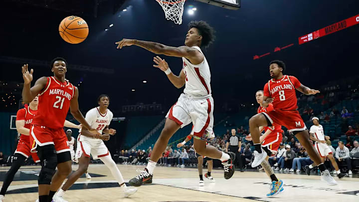 Alabama guard Aden Holloway (2) in action against Maryland during the Players Era tournament at MGM Grand Garden Arena in Las Vegas, NV on Wednesday, Nov 26, 2025.