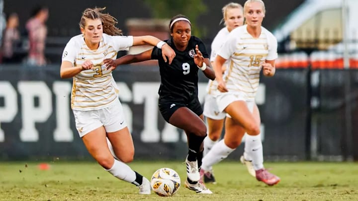 Mississippi State Midfielder Adia Symmonds (#9) during the match between the Vanderbilt Commodores and the Mississippi State Bulldogs at the MSU Soccer Field in Starkville, MS. 