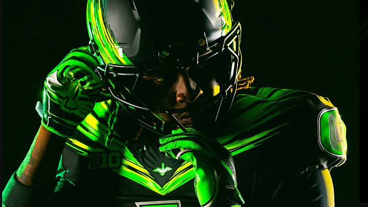 Oregon Ducks receiver Dakorien Moore in the team's new uniforms Oregon Ducks receiver Dakorien Moore in the team's new uniforms