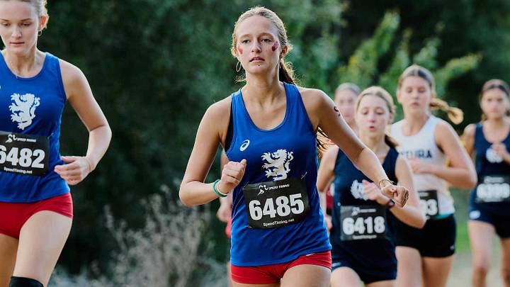 Images of girls cross country runners competing in the Channel League championships.