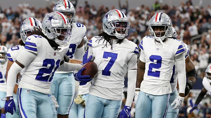 Dallas Cowboys cornerback Trevon Diggs (7) and his teammates react after an interception in the second quarter against the Philadelphia Eagles. Dallas Cowboys cornerback Trevon Diggs (7) and his teammates react after an interception in the second quarter against the Philadelphia Eagles.