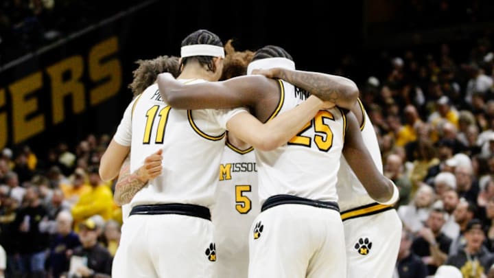 Feb 24, 2026; Columbia, Missouri, USA; Missouri Tigers players huddle during the first half of a game against the Tennessee Volunteers at Mizzou Arena