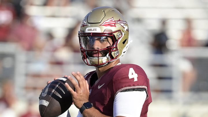 Sep 2, 2024; Tallahassee, Florida, USA; Florida State Seminoles quarterback DJ Uiagalelei (4) before the game agasint the Boston College Eagles at Doak S. Campbell Stadium. Mandatory Credit: Melina Myers-USA TODAY Sports Sep 2, 2024; Tallahassee, Florida, USA; Florida State Seminoles quarterback DJ Uiagalelei (4) before the game agasint the Boston College Eagles at Doak S. Campbell Stadium. Mandatory Credit: Melina Myers-USA TODAY Sports