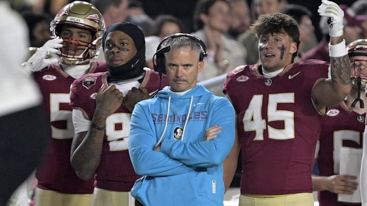 Nov 1, 2025; Tallahassee, Florida, USA; Florida State Seminoles head coach Mike Norvell during the first quarter against the Wake Forest Demon Deacons at Doak S. Campbell Stadium. Mandatory Credit: Melina Myers-Imagn Images