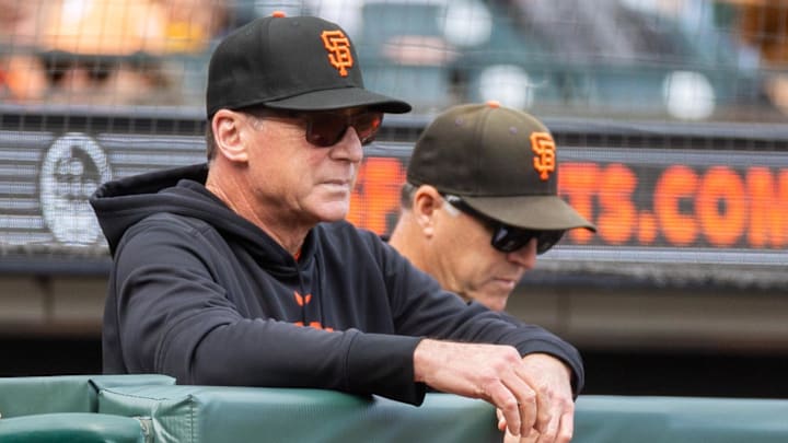 Sep 15, 2024; San Francisco, California, USA; San Francisco Giants manager Bob Melvin watches during the fifth inning against the San Diego Padres at Oracle Park. Sep 15, 2024; San Francisco, California, USA; San Francisco Giants manager Bob Melvin watches during the fifth inning against the San Diego Padres at Oracle Park.