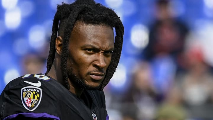 Oct 26, 2025; Baltimore, Maryland, USA; Baltimore Ravens wide receiver DeAndre Hopkins (10) on the field before the game against the Chicago Bears  at M&T Bank Stadium. Mandatory Credit: Tommy Gilligan-Imagn Images