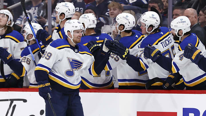 Apr 7, 2025; Winnipeg, Manitoba, CAN; St. Louis Blues left wing Pavel Buchnevich (89) celebrates his goal against the Winnipeg Jets in the second period at Canada Life Centre. Mandatory Credit: James Carey Lauder-Imagn Images
