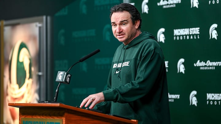 Michigan State coach Jonathan Smith talks the media on the first national signing day for college