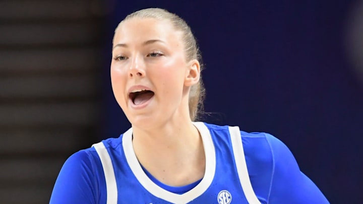 Kentucky Wildcats center Clara Strack (13) reacts after scoring Thursday, March 5, 2026, during the SEC Women's Basketball Tournament second round game against the Georgia Bulldogs at Bon Secours Wellness Arena in Greenville, South Carolina.