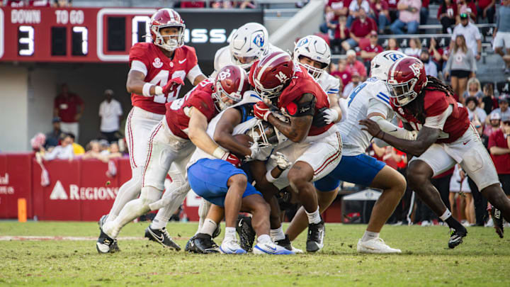 Alabama Defensive Lineman Fatutoa Henry sacks the Eastern Illinois quarterback in the second half of the game on November 22, 2025. Alabama Defensive Lineman Fatutoa Henry sacks the Eastern Illinois quarterback in the second half of the game on November 22, 2025.