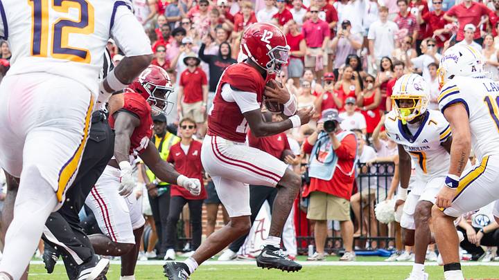 Alabama Quarterback Keelon Russell runs into the end zone for a touchdown in the game against ECU on Sept 5, 2026. Alabama Quarterback Keelon Russell runs into the end zone for a touchdown in the game against ECU on Sept 5, 2026.