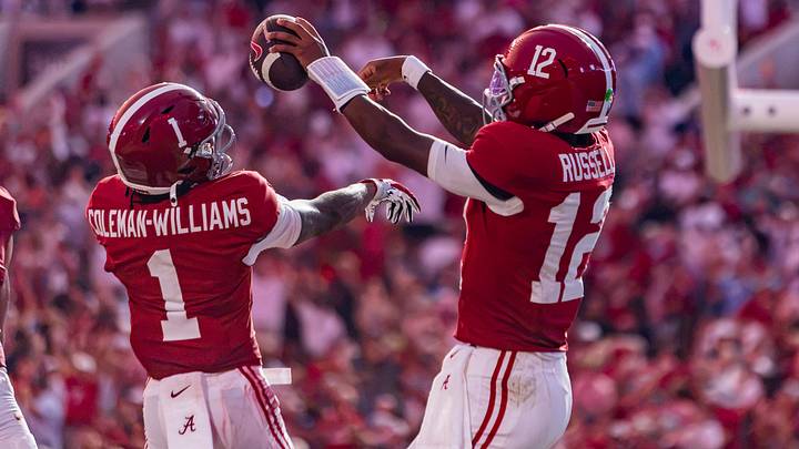 Alabama Quarterback Keelon Russell and Wide Receiver Ryan Coleman-Williams celebrate a touchdown in the second half of the game against FSU on Sept 19, 2026. Alabama Quarterback Keelon Russell and Wide Receiver Ryan Coleman-Williams celebrate a touchdown in the second half of the game against FSU on Sept 19, 2026.