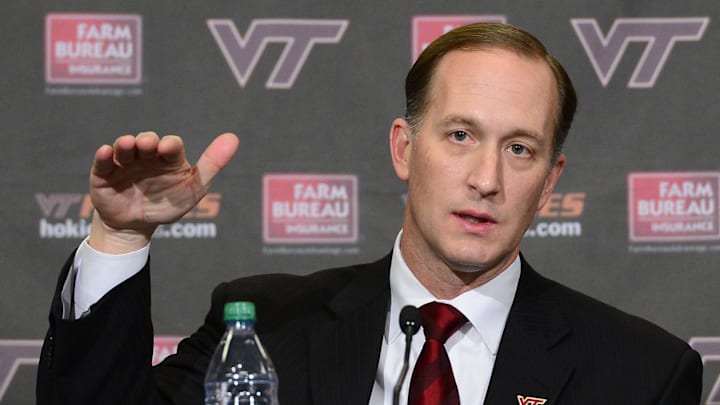 Jan 29, 2014; Blacksburg, VA, USA; Whit Babcock speaks during a press conference to introduce new Virginia Tech athletic director Whit Babcock at Lane Stadium. Mandatory Credit: Bob Donnan-Imagn Images