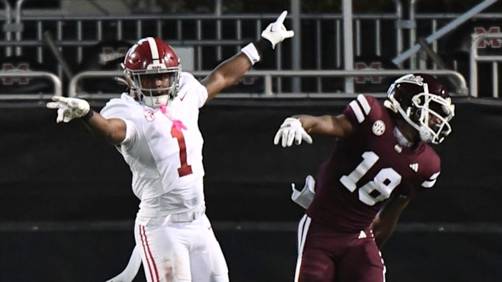Alabama's Kool-Aid McKinstry breaks up a pass intended for Mississippi State receiver Jordan Mosley, Sept. 30, 2023 in Starkville, Mississippi.