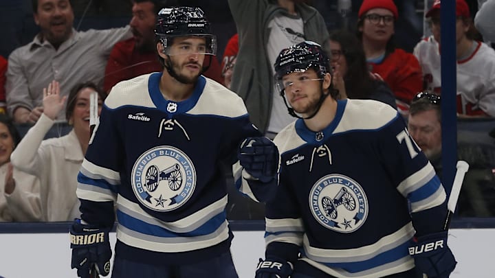 Apr 16, 2024; Columbus, Ohio, USA; Columbus Blue Jackets left wing Johnny Gaudreau (13) celebrates his goal against the Carolina Hurricanes during the second period at Nationwide Arena. Mandatory Credit: Russell LaBounty-USA TODAY Sports
