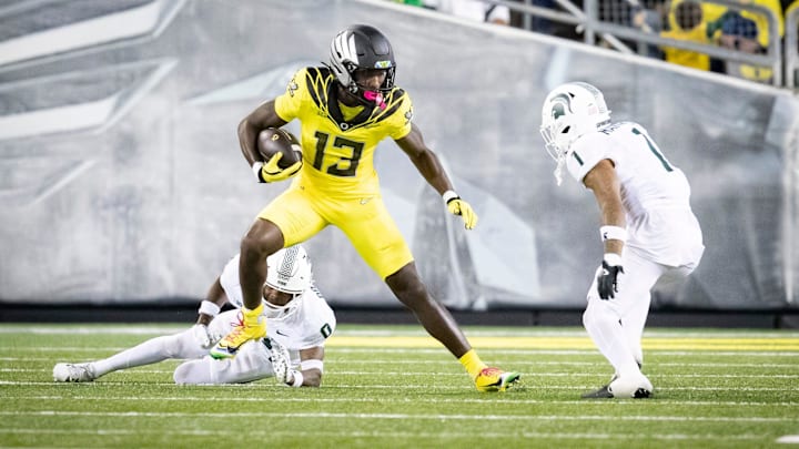 Oregon Ducks wide receiver Jurrion Dickey carries the ball as the Ducks host the Spartans Friday, Oct. 4, 2024 at Autzen Stadium in Eugene, Ore.