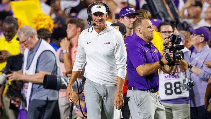 Sep 5, 2026; Baton Rouge, Louisiana, USA;  LSU Tigers head coach Lane Kiffin reacts to a touchdown by quarterback Sam Leavitt (not pictured) against Clemson Tigers during the first half at Tiger Stadium.  Mandatory Credit: Stephen Lew-Imagn Images