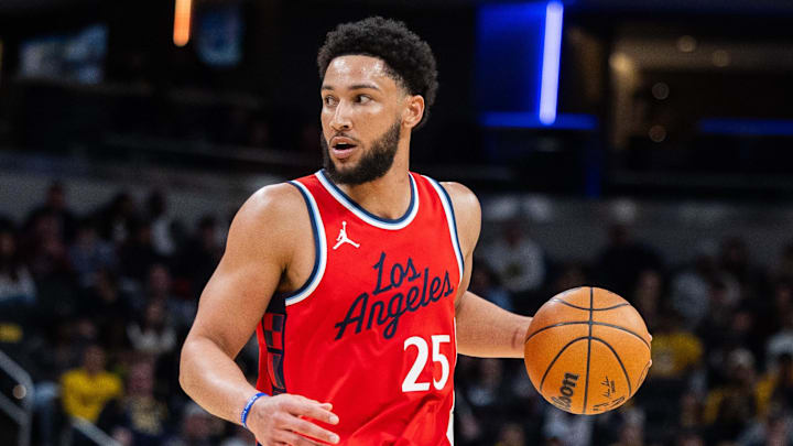 Feb 23, 2025; Indianapolis, Indiana, USA;  LA Clippers guard Ben Simmons (25) dribbles the ball  in the first half against the Indiana Pacers at Gainbridge Fieldhouse. Mandatory Credit: Trevor Ruszkowski-Imagn Images