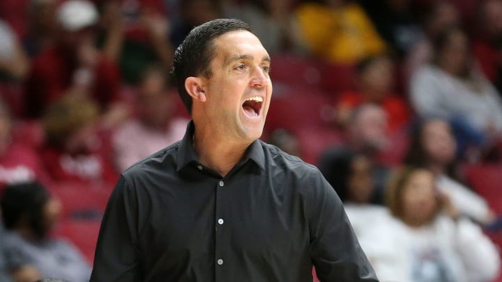Feb 25, 2024; Tuscaloosa, Alabama, USA; Mississippi State head coach Sam Purcell yells to his team during the game with Alabama at Coleman Coliseum Sunday.