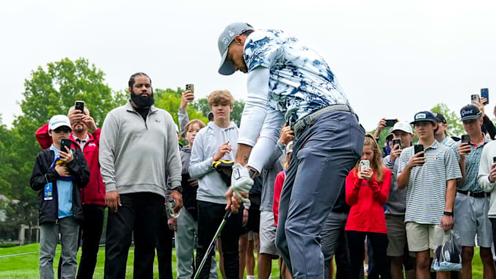 Stephen Curry hits the ball back on to the green on hole No. 7 during the Workday Golden Bear Pro-Am at the Muirfield Village Golf Club on Wednesday, May 28, 2025 in Dublin, Ohio. Curry hit the ball into the spectator’s area but did the ball did not hit anyone. Stephen Curry hits the ball back on to the green on hole No. 7 during the Workday Golden Bear Pro-Am at the Muirfield Village Golf Club on Wednesday, May 28, 2025 in Dublin, Ohio. Curry hit the ball into the spectator’s area but did the ball did not hit anyone.