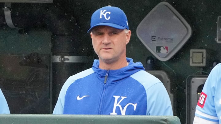 May 5, 2024; Kansas City, Missouri, USA; Kansas City Royals manager Matt Quatraro (33) watches play against the Texas Rangers in the third inning at Kauffman Stadium. Mandatory Credit: Denny Medley-Imagn Images
