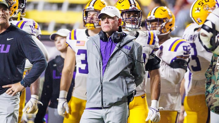Nov 9, 2024; Baton Rouge, Louisiana, USA;  LSU Tigers head coach Brian Kelly looks on against the Alabama Crimson Tide during the second half at Tiger Stadium. Mandatory Credit: Stephen Lew-Imagn Images