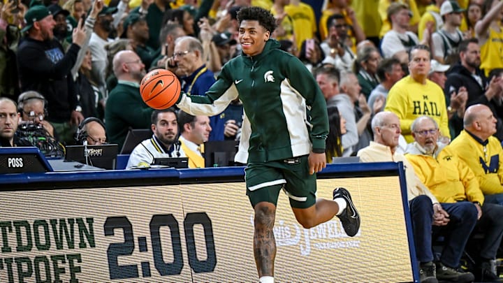 Michigan State's Jeremy Fears Jr. takes the court before the game against Michigan on Sunday, March 8, 2026, at the Crisler Center in Ann Arbor. Michigan State's Jeremy Fears Jr. takes the court before the game against Michigan on Sunday, March 8, 2026, at the Crisler Center in Ann Arbor.