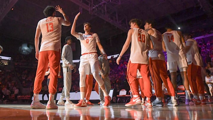 Nov 4, 2024; Clemson, SC, USA; Clemson sophomore center Viktor Lakhin (0) is introduced before tipoff with Charleston Southern University at Littlejohn Coliseum in Clemson, S.C Monday, November 4, 2024.       Mandatory Credit: Ken Ruinard/USA TODAY Network via Imagn Images 
