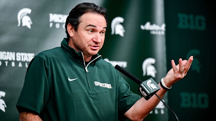 Michigan State coach Jonathan Smith talks the media on the first national signing day for college football recruits Wednesday, Dec. 4, 2024, at Spartan Stadium in East Lansing.