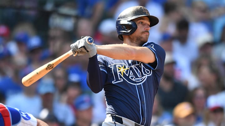 Sep 13, 2025; Chicago, Illinois, USA; Tampa Bay Rays second baseman Brandon Lowe (8) hits an RBI single against the Chicago Cubs during the sixth inning at Wrigley Field. Mandatory Credit: Patrick Gorski-Imagn Images Sep 13, 2025; Chicago, Illinois, USA; Tampa Bay Rays second baseman Brandon Lowe (8) hits an RBI single against the Chicago Cubs during the sixth inning at Wrigley Field. Mandatory Credit: Patrick Gorski-Imagn Images