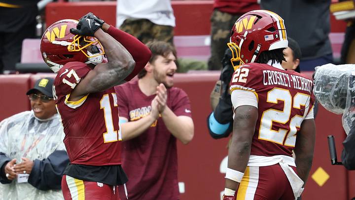 Sep 27, 2026; Landover, Maryland, USA;  Washington Commanders wide receiver Terry McLaurin (17) reacts after a touchdown against the Seattle Seahawks in the second half at Northwest Stadium.  Mandatory Credit: Geoff Burke-Imagn Images