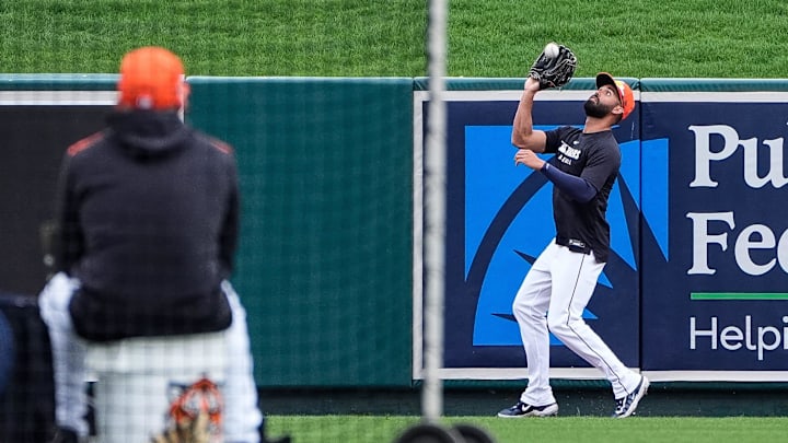 Detroit Tigers outfielder Riley Greene practices a drill during spring training at Joker Marchant Stadium in Lakeland, Fla. on Thursday, Feb. 20, 2025.